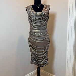 Cache Sexy Stretch Gold Shimmer Drapey Bejeweled Cocktail Vintage Dress 6